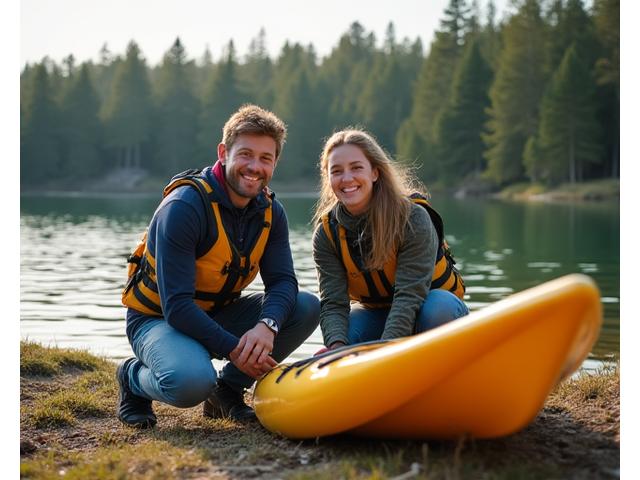 Two founders of Ontario Rec Gear smiling in the rugged Ontario nature, by a lake with kayaks.