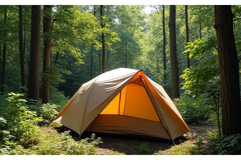 Compact backpacking tent set up in a forest